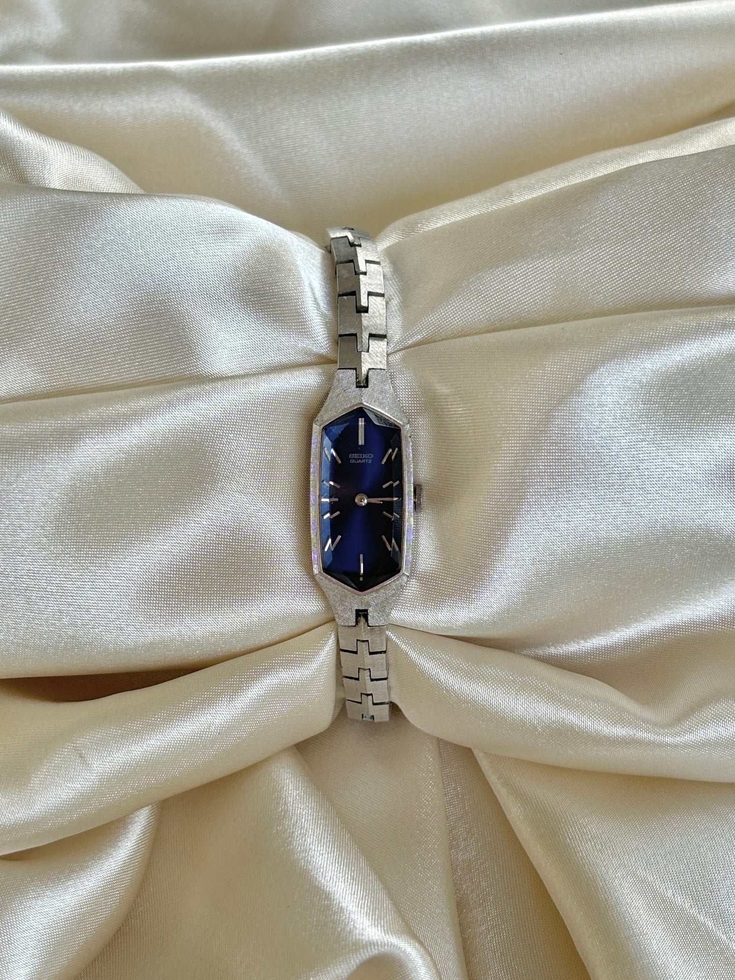 Vintage Silver Watch With Blue Tank Dial