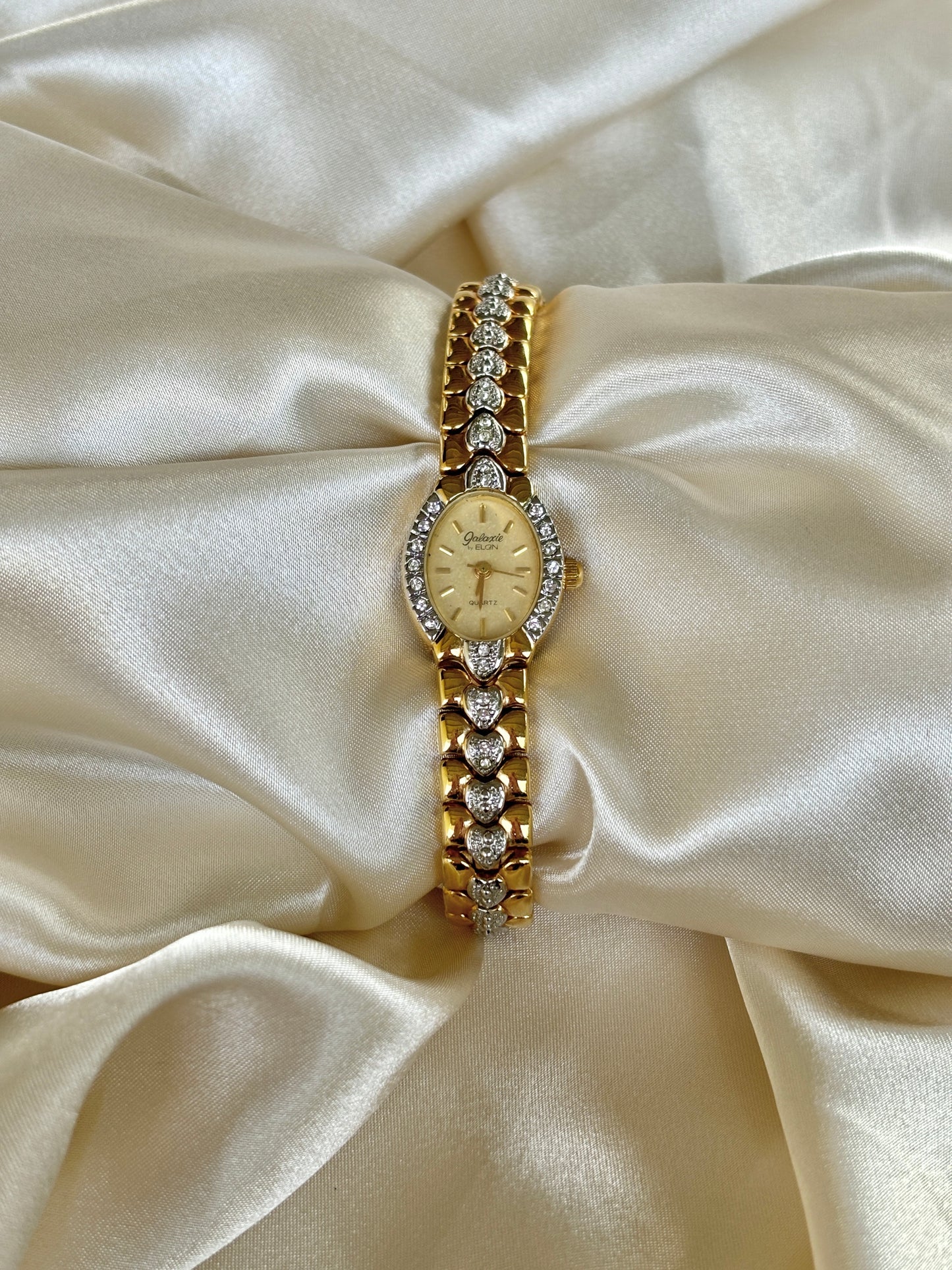 Vintage Gold Watch With Rhinestone Hearts