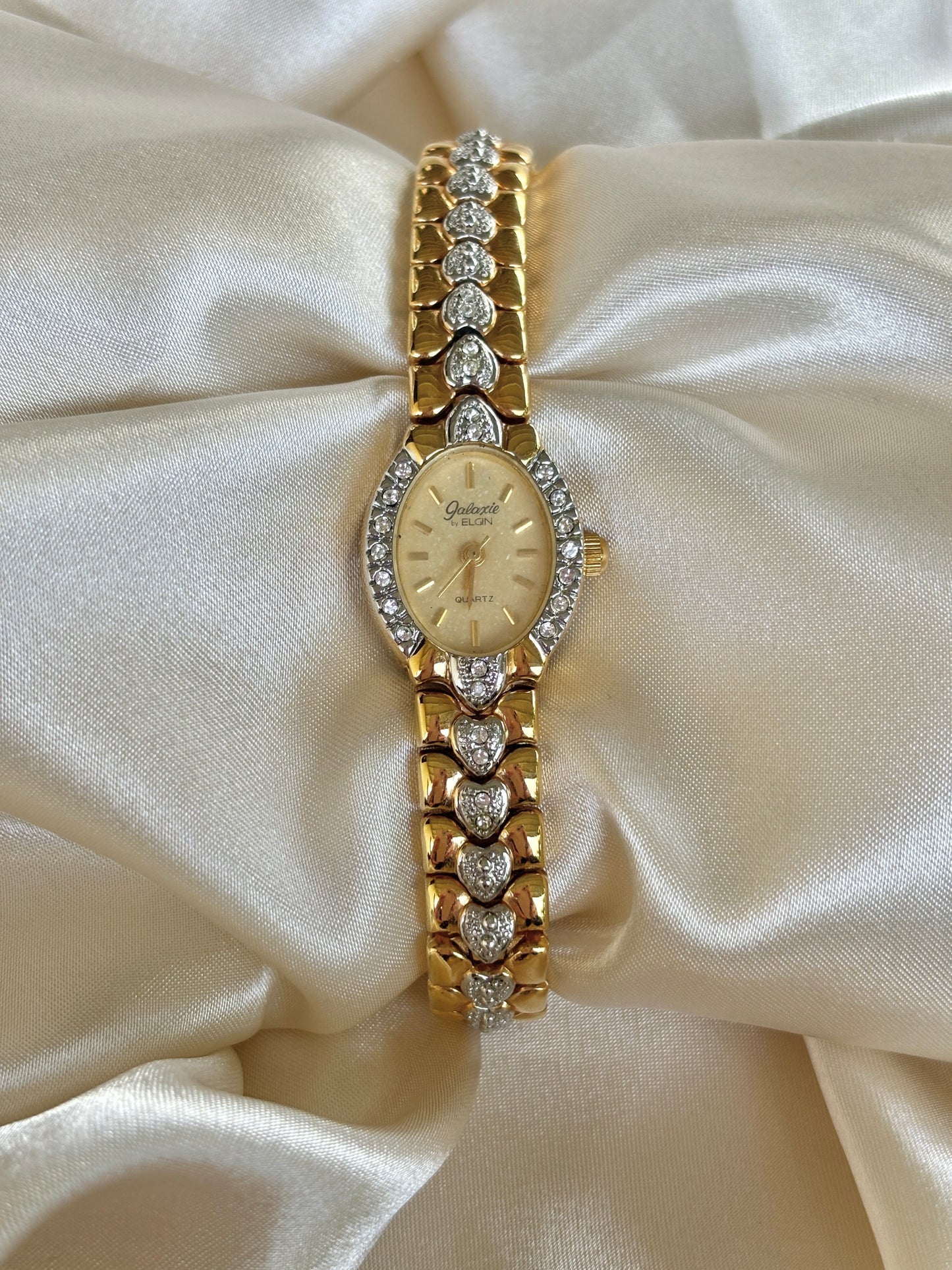 Vintage Gold Watch With Rhinestone Hearts