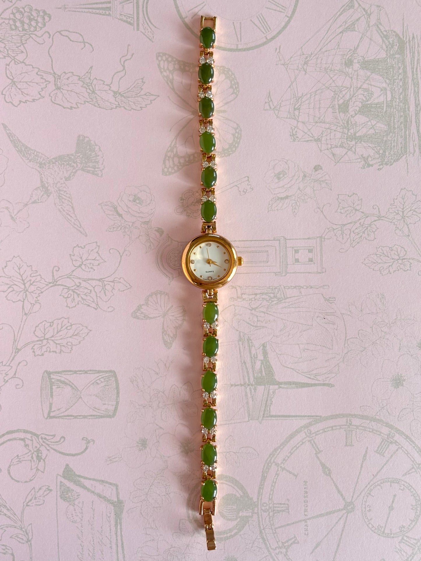 Vintage Gold Toned Watch With Jade & Rhinestones
