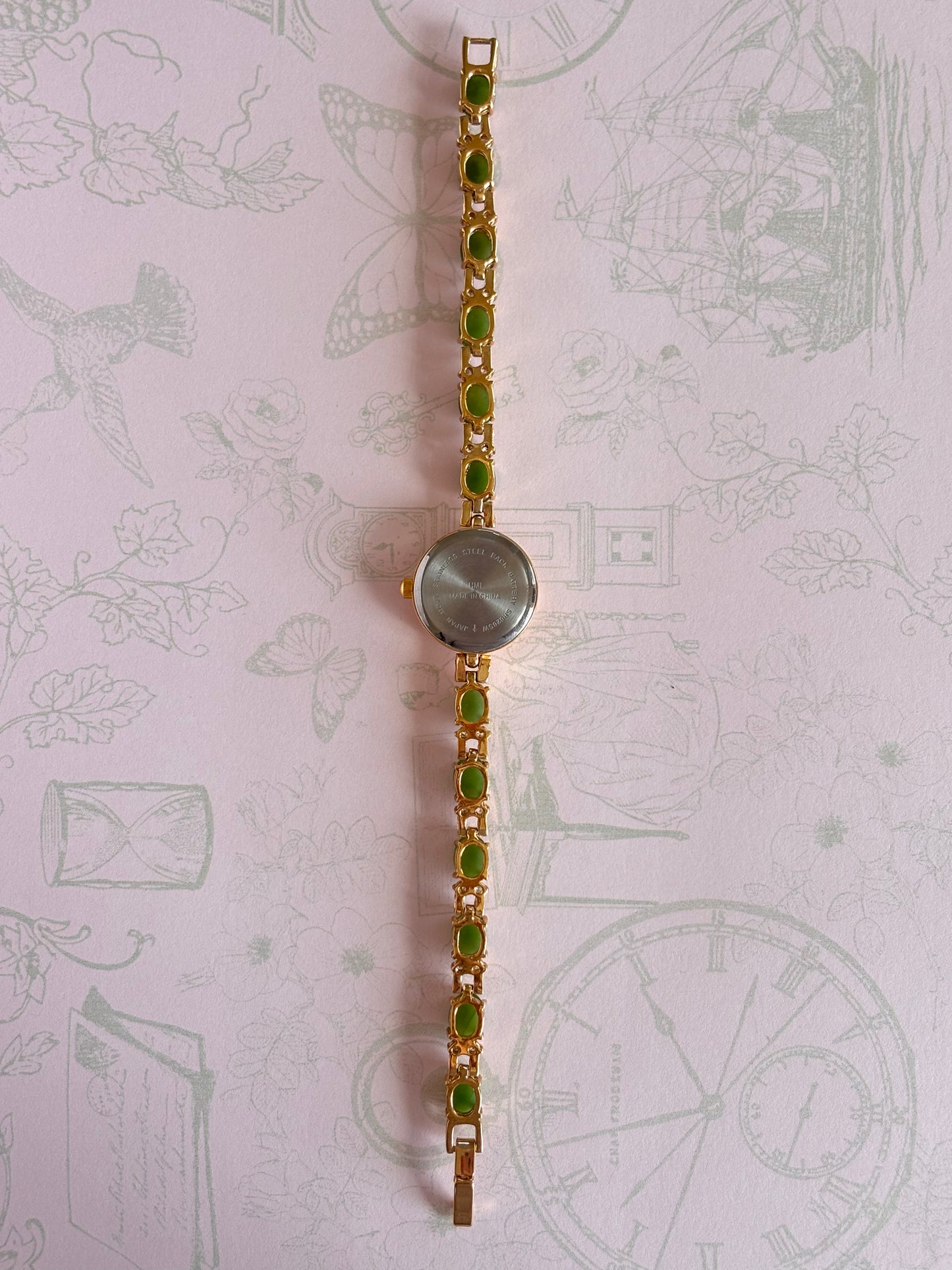 Vintage Gold Toned Watch With Jade & Rhinestones