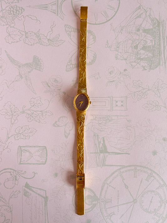 Vintage Floral Engraved Watch With Purple Dial