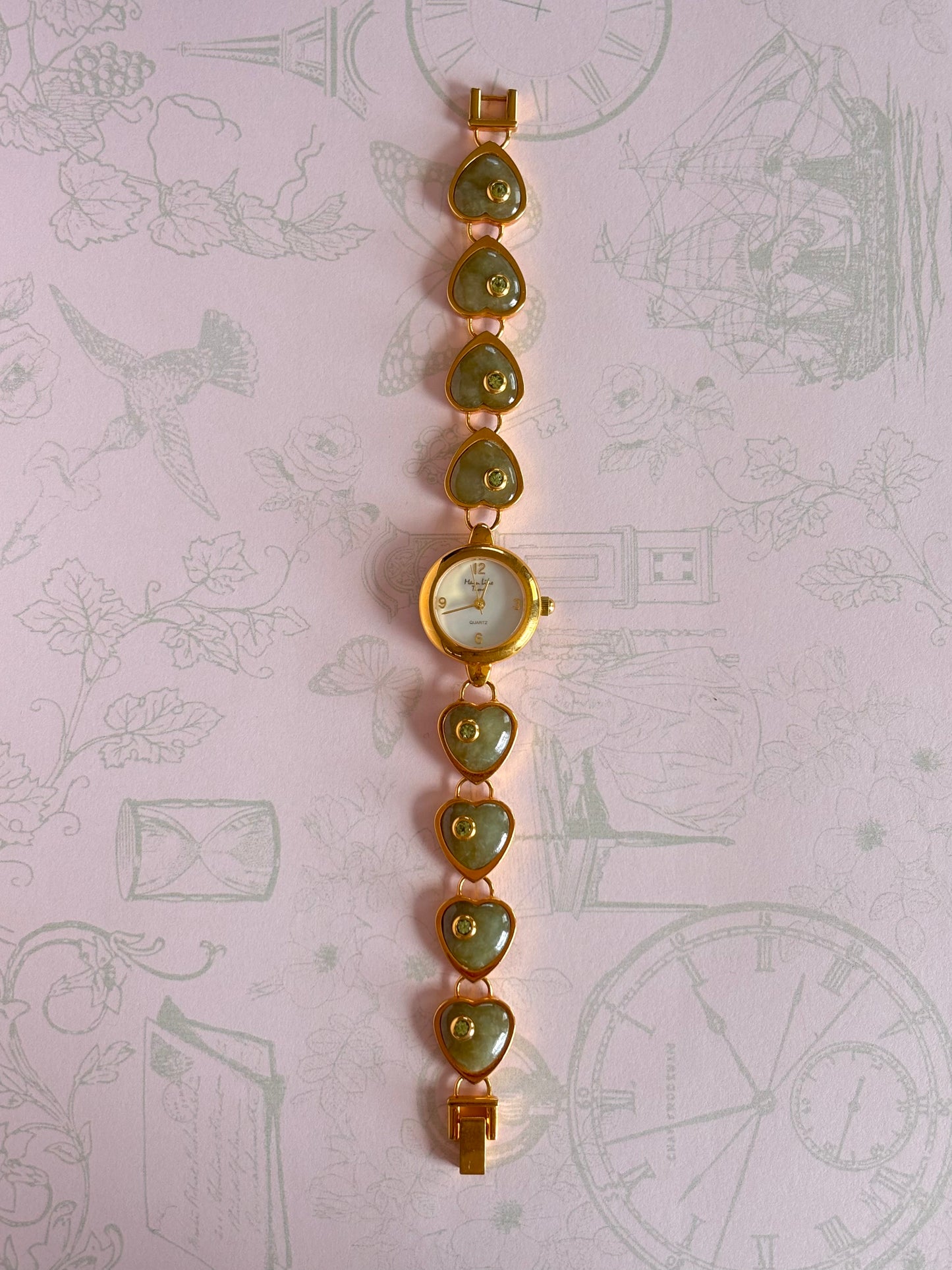 Vintage Gold Toned Heart With Heart Shape Jade Links