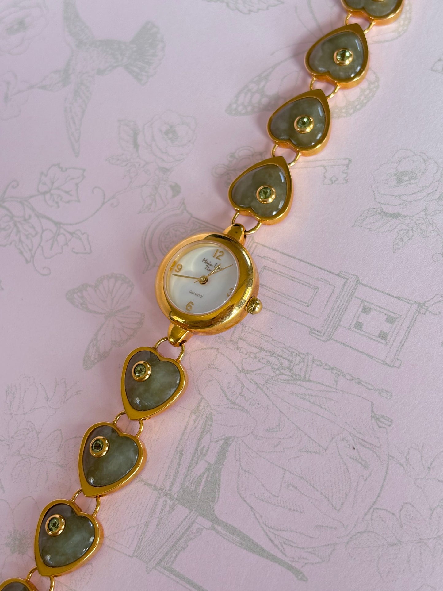 Vintage Gold Toned Heart With Heart Shape Jade Links