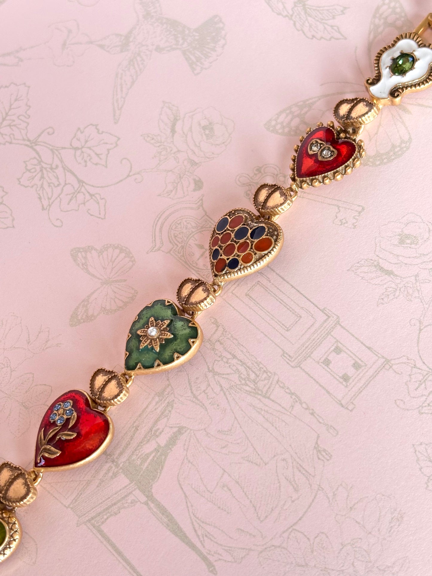 Vintage Enamel Heart Charm Bracelet