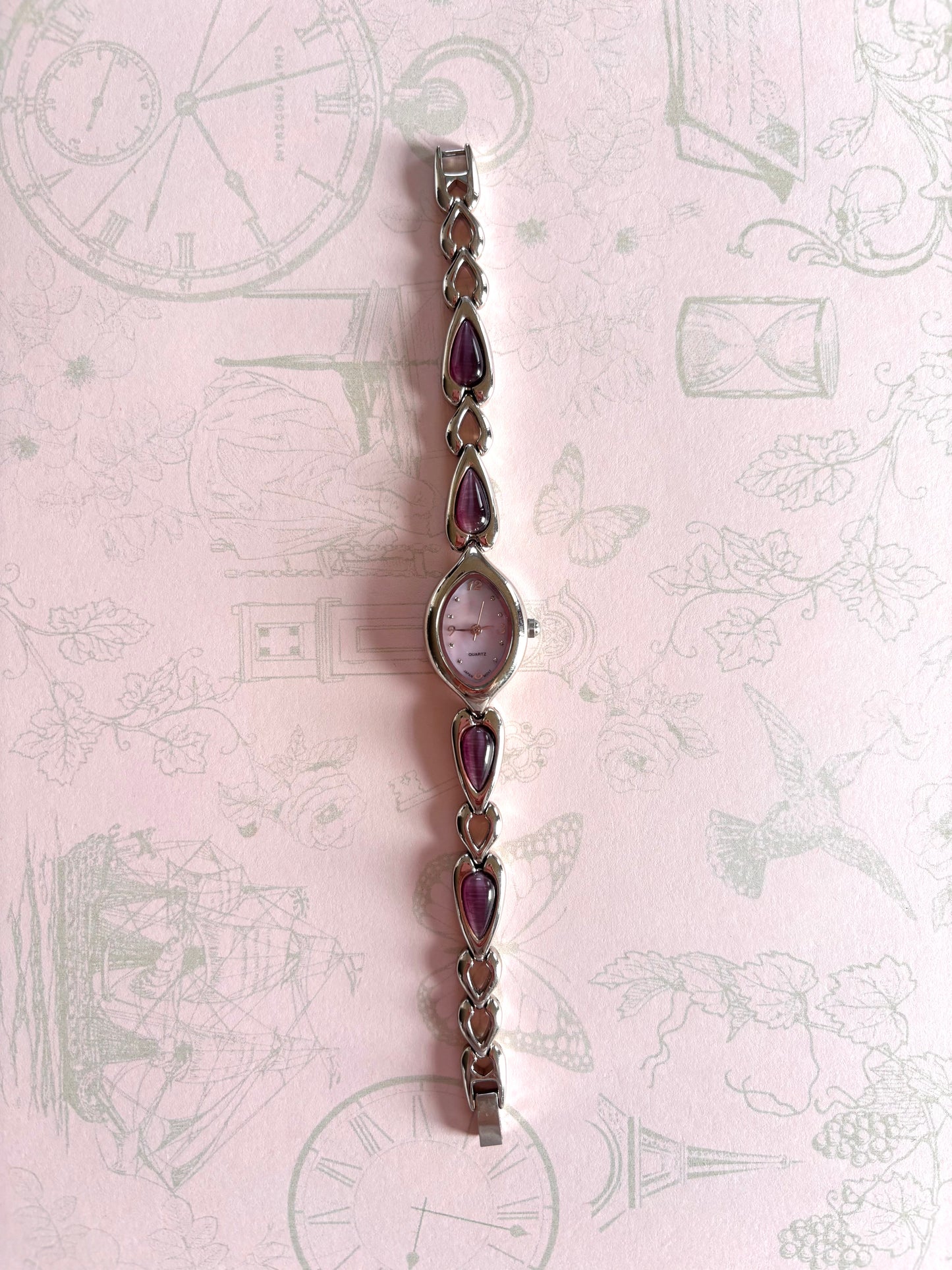 Vintage Silver Watch with Purple Teardrop Gemstones