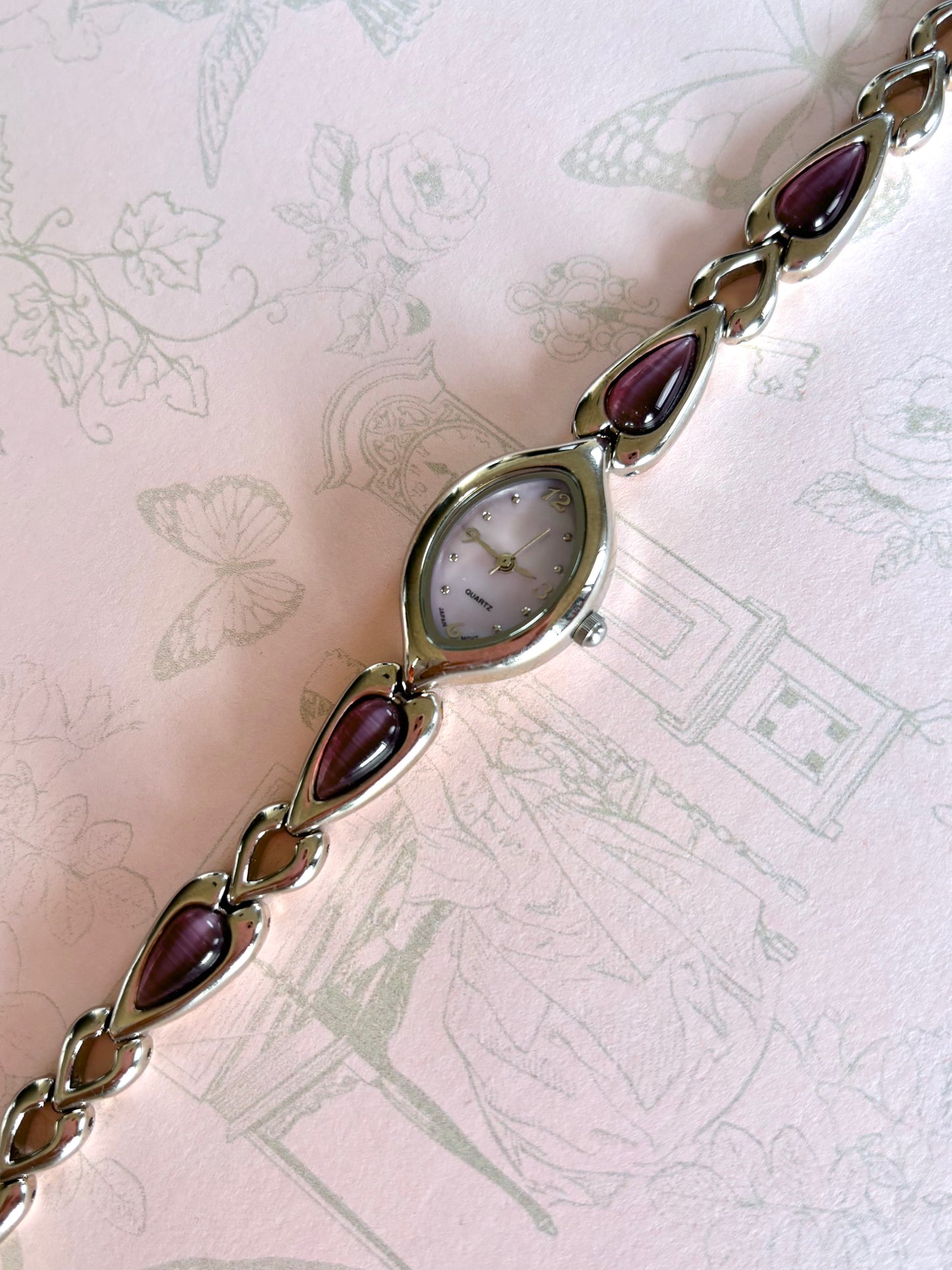 Vintage Silver Watch with Purple Teardrop Gemstones