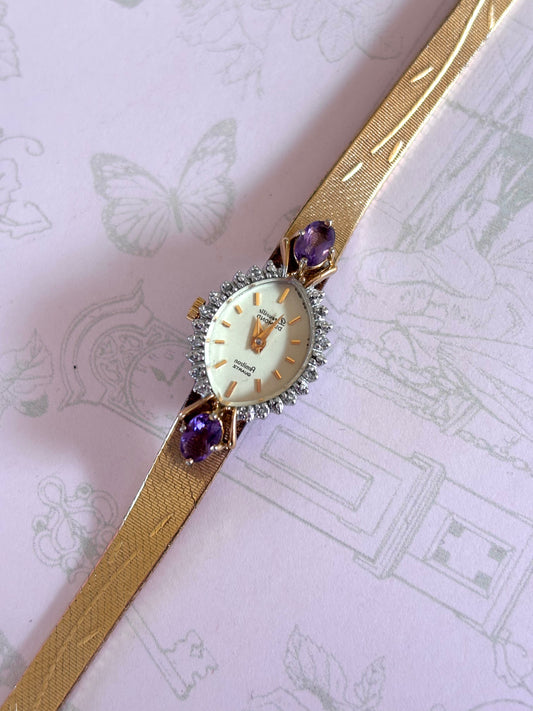 Vintage Gold Toned Watch with Purple Accents