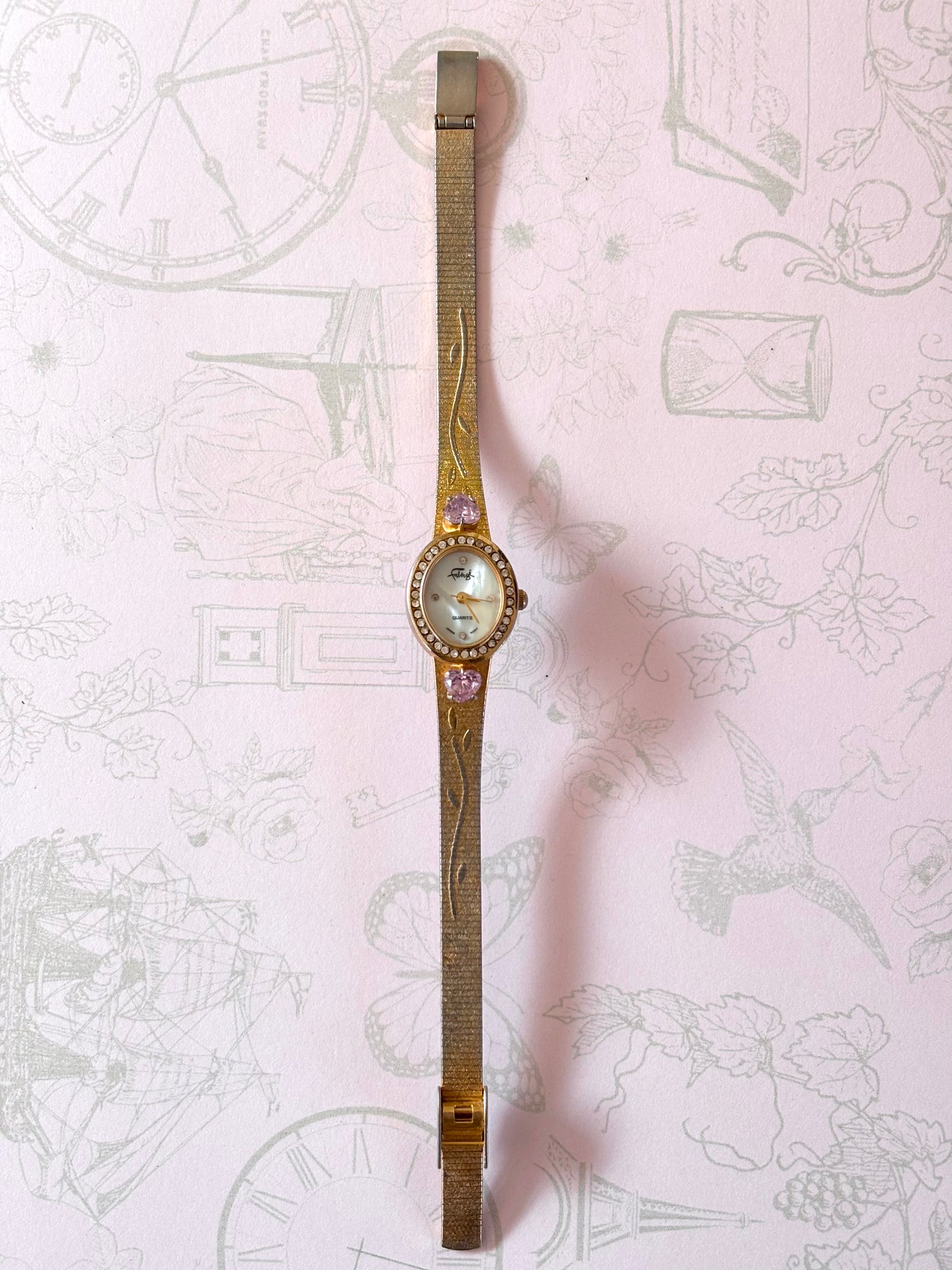 Vintage Gold Toned Floral Etched watch With Pink Hearts