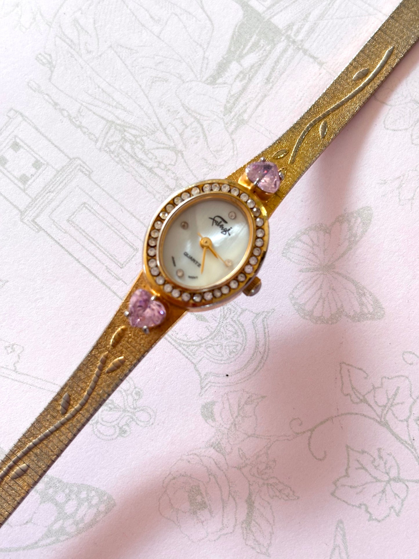 Vintage Gold Toned Floral Etched watch With Pink Hearts