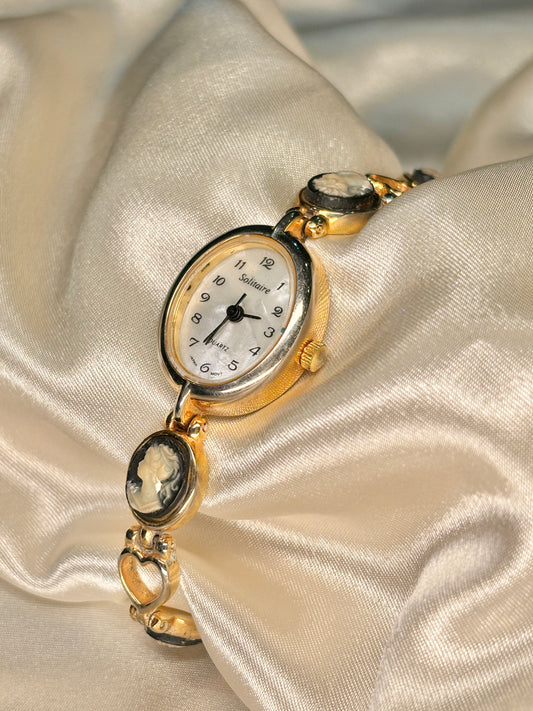 Cameo Gold Tone Solitaire Watch with Hearts