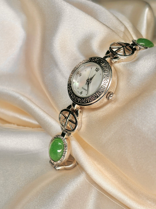 Silver Toned Watch with Genuine Jades