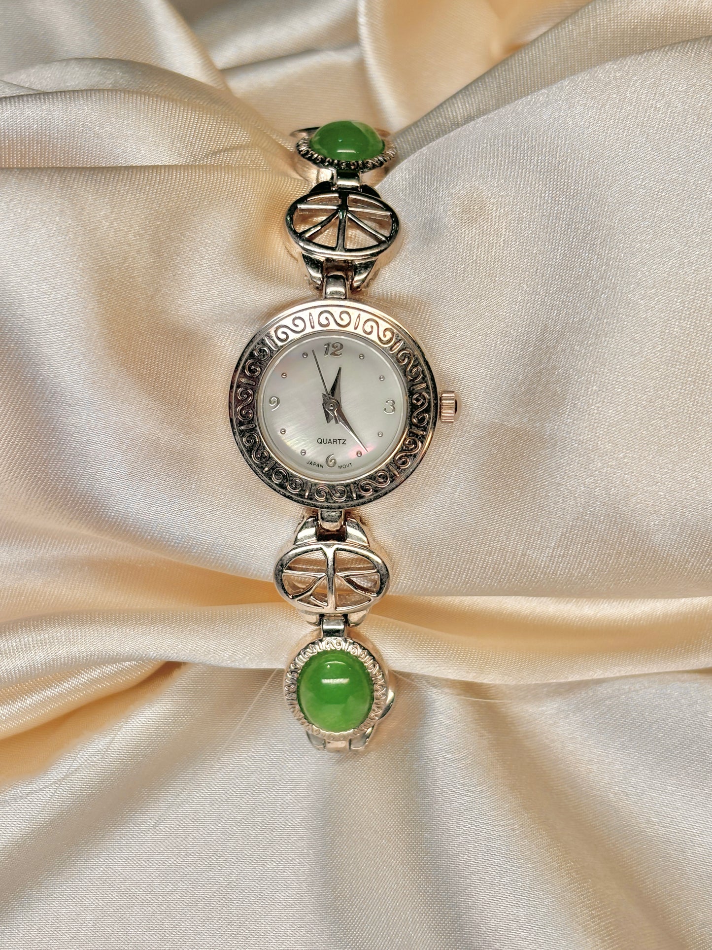 Silver Toned Watch with Genuine Jades